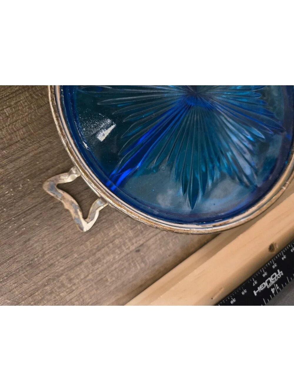 Vintage Blue Glass Divided Serving Dish with Silver Metal Pl